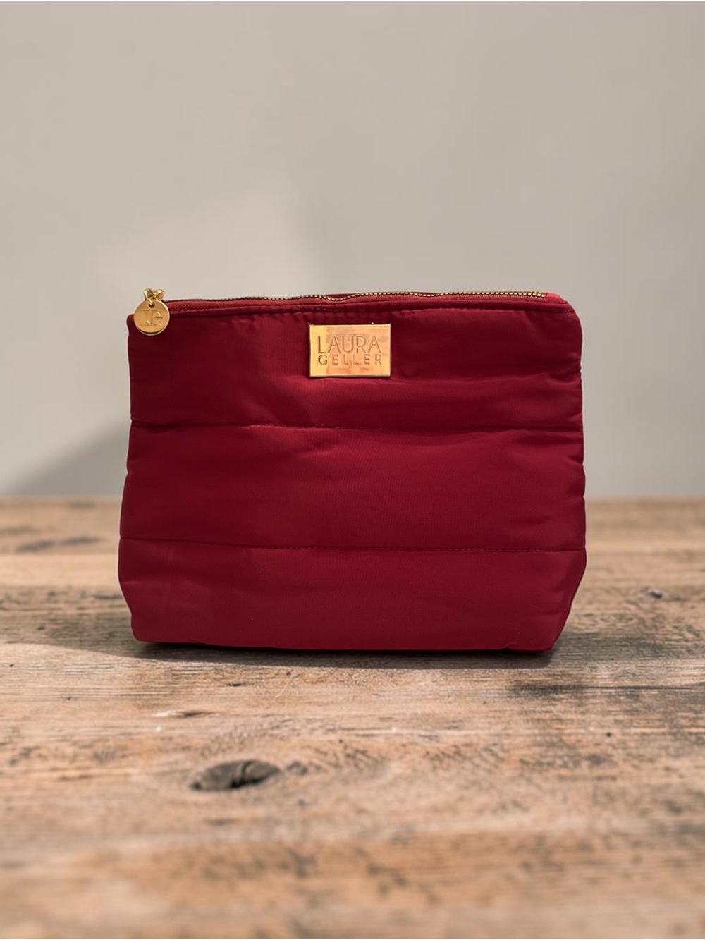 Laura Geller Quilted Cosmetic Pouch - Deep Red with Gold Accent